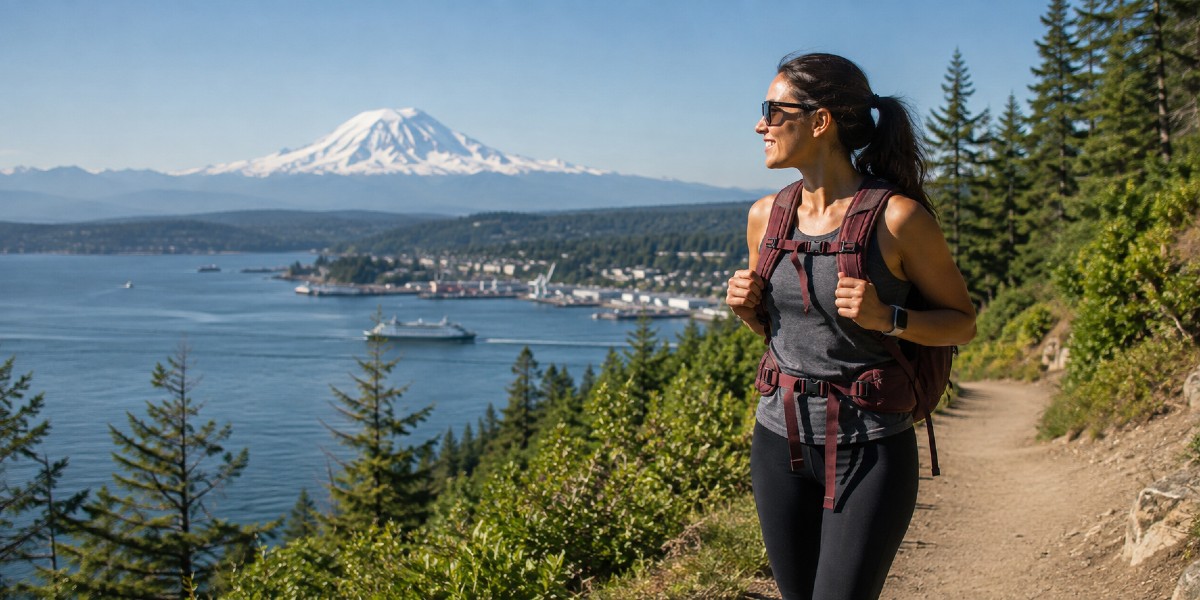 female PT hiking a Tacoma trail